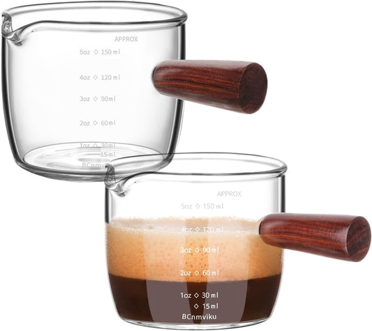 BCnmviku Espresso Shot Glass 150ML/5OZ Triple Pitcher Barista Single Spouts With Wood Handle (2)