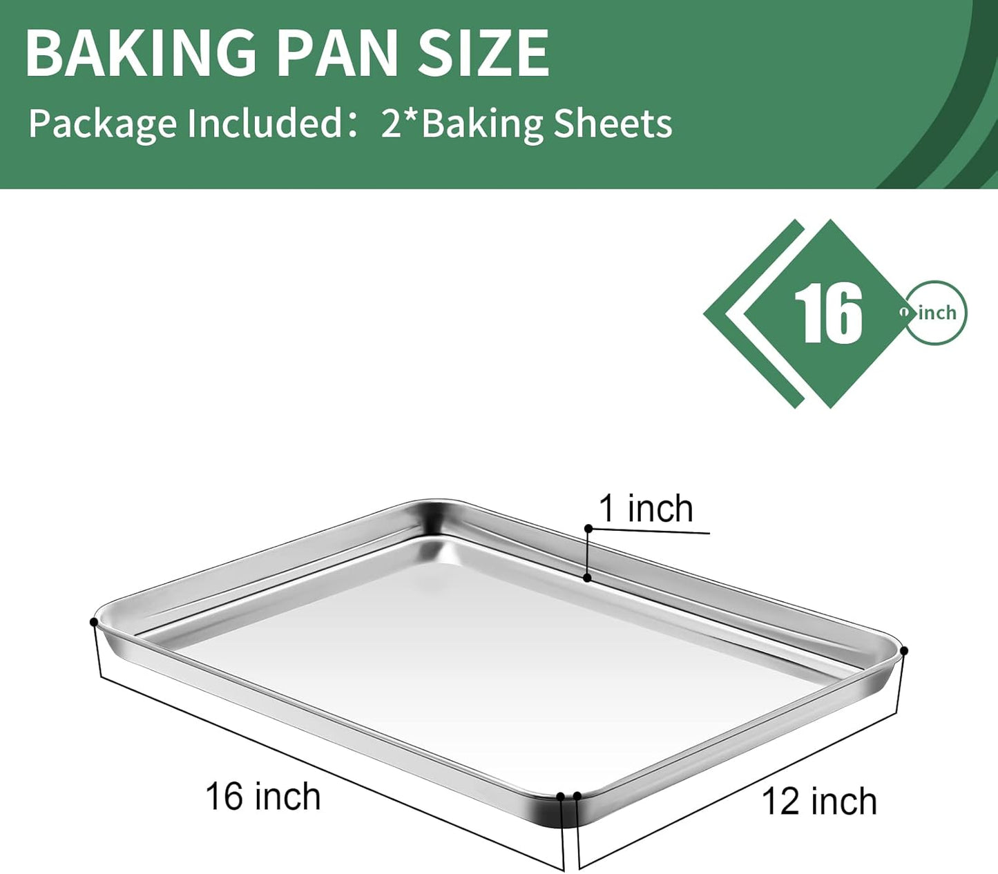 Baking Sheets Set of 2, HKJ Chef Cookie Sheets 2 Pieces & Stainless Steel Baking Pans & Toaster Oven Tray Pans, Rectangle Size 16 x 12 x 1 inch, Non Toxic & Healthy & Easy to Clean