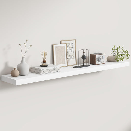 Fun Memories Rustic Real Wood Floating Shelves, 8 Inch Deep Floating Shelf Wall Mounted, 48" W x 8" D Wall Shelves Storage Shelves for Living Room, Bedroom, Bathroom, White Finish, Set of 1