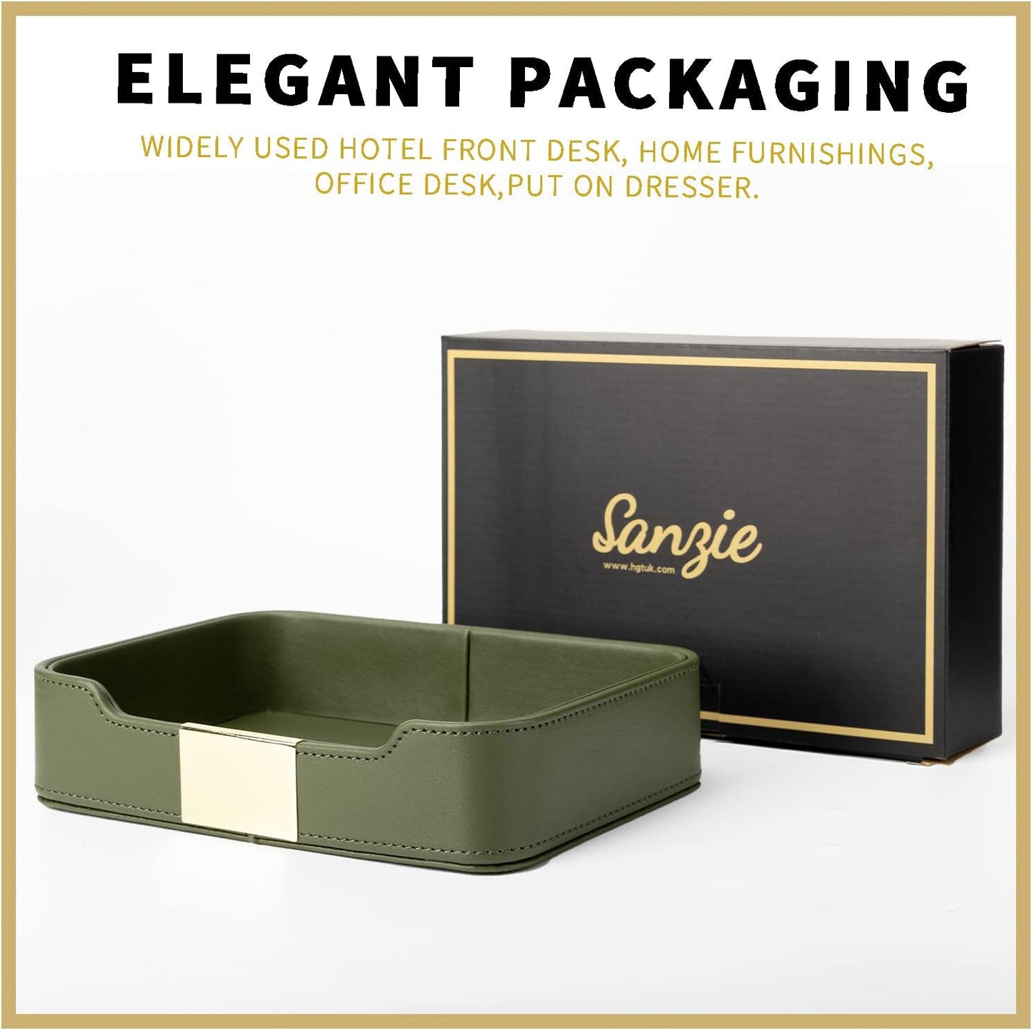 SANZIE Luxury Leather Tray Desktop Storage Catchall Organizer Decorative Tray for Entryway Table to Hold Jewelry Watch Keys Phone Wallet (Metal Glided, Dusty Green)