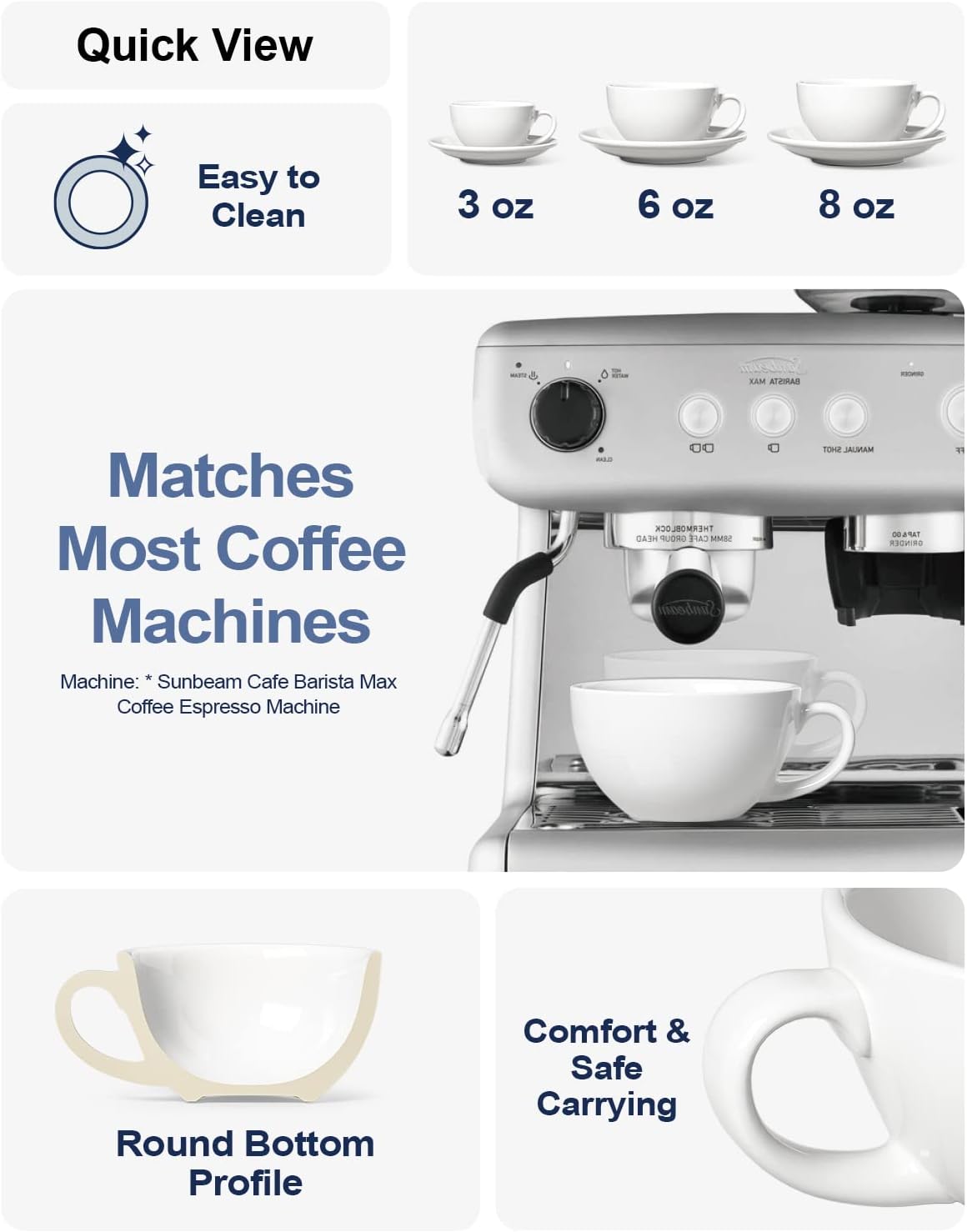 LE TAUCI 8 oz Cappuccino Cups with Saucers,Ceramic Large Coffee Cup for Au Lait, Double shot, Latte, Cafe Mocha, Tea - Set of 4, White