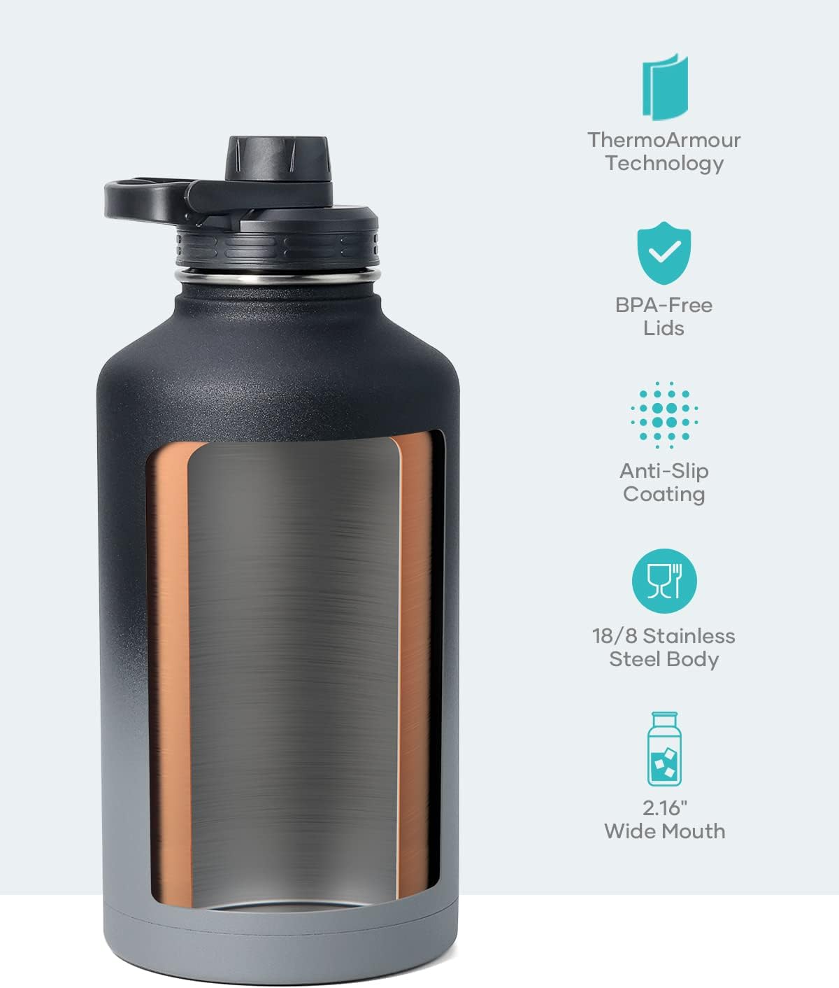 BUZIO 64 oz Water Bottle Insulated with Straw & 3 lid and Carrying Pouch, Leak Proof Half Gallon Stainless Steel Water Flask Jug, Cold for 48 Hrs Double Vacuum Thermo Canteen, BPA-Free, Shadow