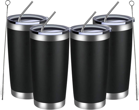 MEWAY 20oz Tumbler 4 Pack Double Wall Vacuum Insulated Travel Mug Bulk, Stainless Steel Tumblers with Lid and Straw, Durable Powder Coated Coffee Cups for Cold & Hot Drinks (Black, 4)