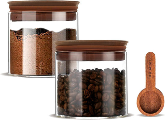 17 oz Coffee Canister with Scoop and Wooden Lids, Airtight Glass Coffee Beans Storage Container Sets of 2 for Ground Coffee,Food Storge Jars for Ground Coffee Bar Cereal Snack