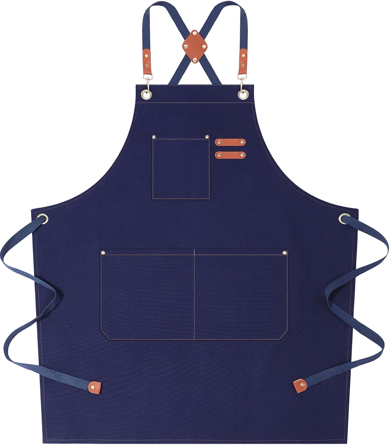 AFUN Chef Aprons for Women Men with Large Pockets, Cotton Canvas Cross Back Water Repellent Work Apron, Size M to XXL (Darkblue)