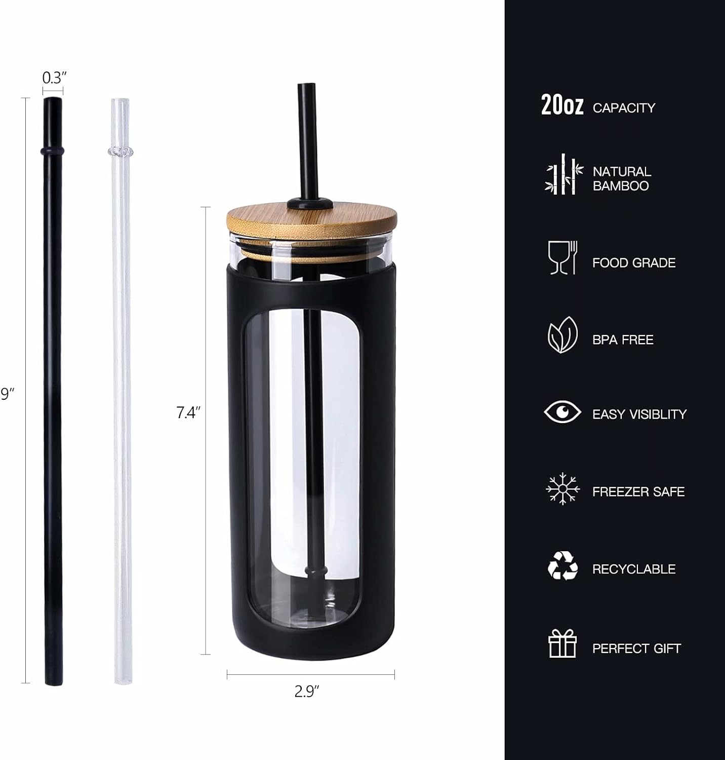 Kodrine 20oz Glass Tumbler with Straw and Lid, Bamboo Lids Water Bottle, Reusable Iced Coffee Cups, Wide Mouth Smoothie Cup with Protective Silicone Sleeve BPA FREE-Black-2pack