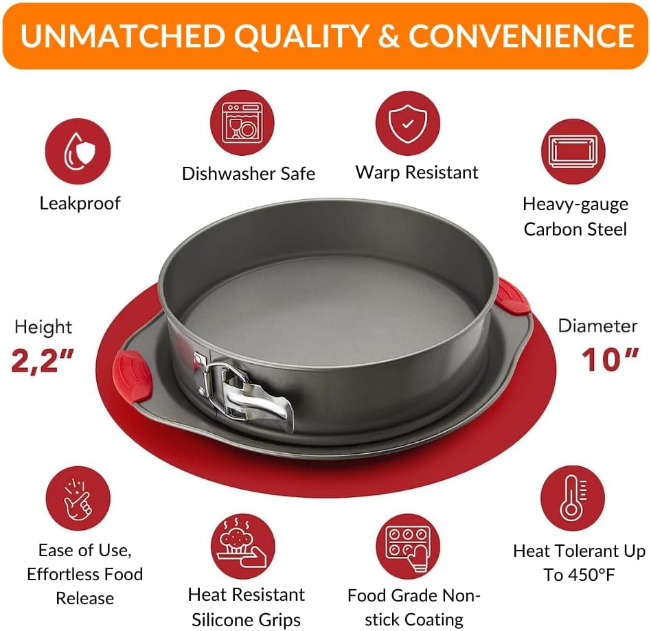 Boxiki Kitchen 10 Inch Nonstick Springform Pan, Professional Spring Form and Cheesecake Baking Mold, Leakproof Cake Pan with Silicone Handles