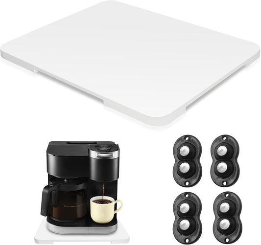 Appliance Slider 360° Rolling Tray for Coffee Maker- Bamboo Coffee Pot Slider Tray Countertop Rotation Sliding Tray with Wheels, Small Appliances Mat Easily from Under The Cabinet White(13.9"×11.6")