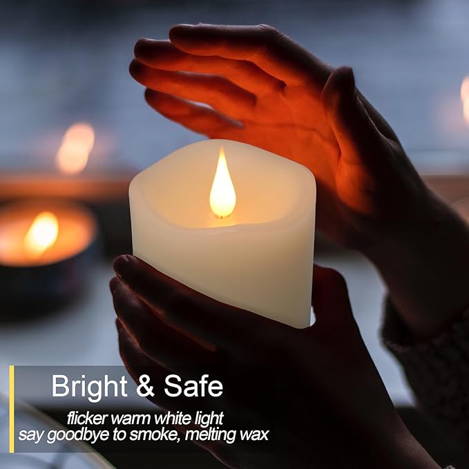 Flameless Candles Battery Operated with Timer, 3D Moving Flame Flickering, Last 600+ Hours Battery Candles, 3" x 3" Ivory Real Wax Electric LED Candle for Wedding Party Decorations