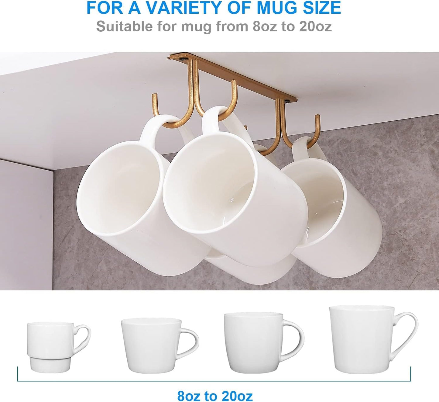 Mug Rack Under Cabinet - Coffee Cup Holder, 12 Mugs Hooks Under Shelf, Display Hanging Cups Drying Hook for Bar Kitchen Utensils Gold