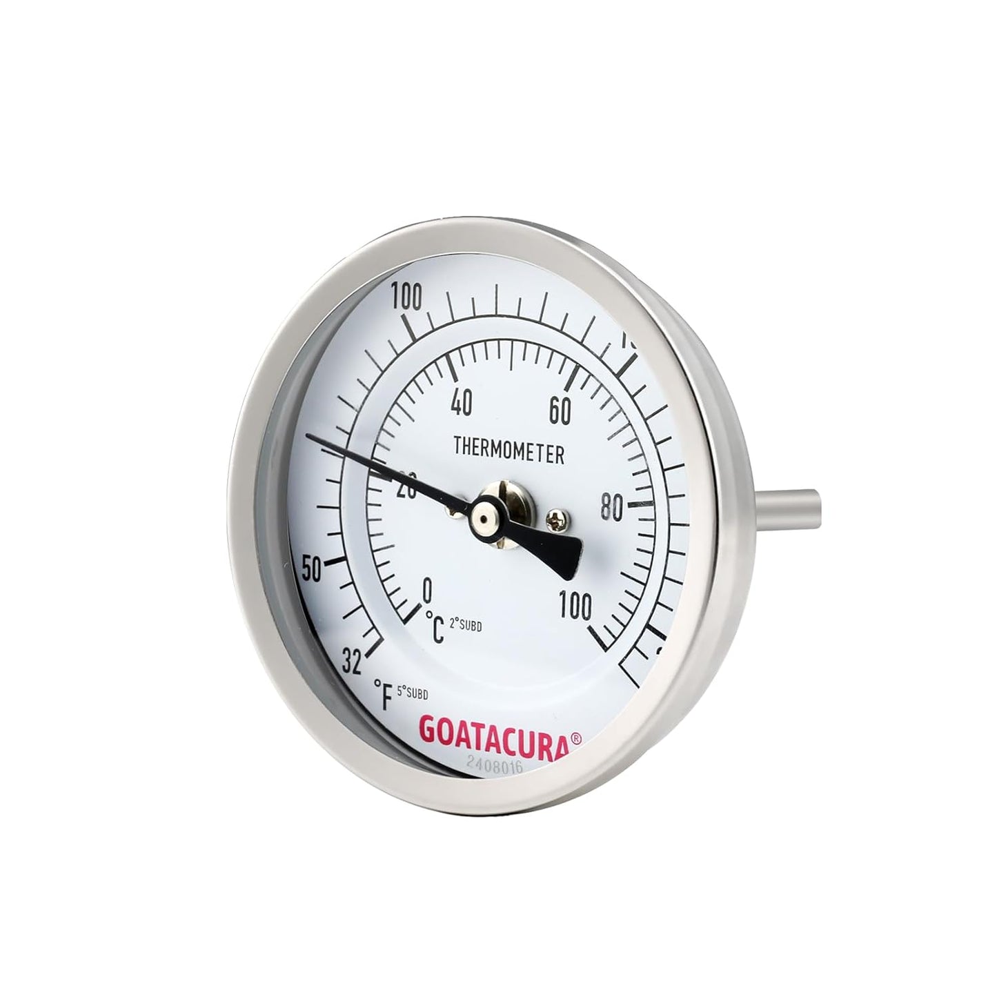 Dial Thermometer for Brewing, 304 Stainless Steel Case and Probe, 3" Dial Size, 2" Stem Length, 32-212 Deg F/0-100 Deg C, 1/2" NPT Back Mount