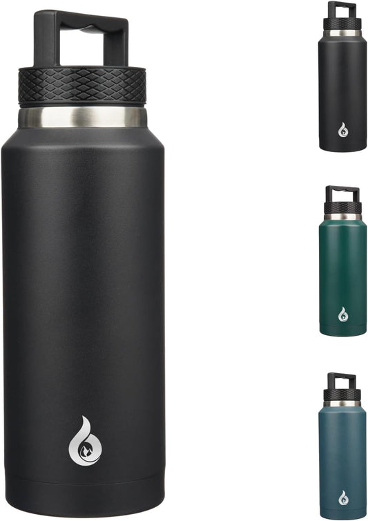 BJPKPK Insulated Water Bottles, Dishwasher Safe 36 oz Water Bottle with Handle, Leakproof BPA Free Water Jug, Stainless Steel Thermos for Sports, Black
