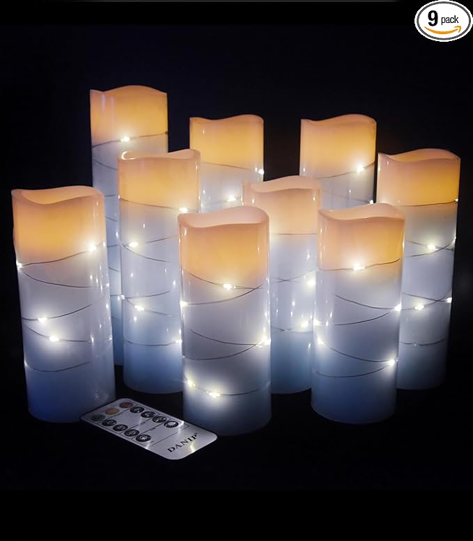 Sky Blue Flameless Candle, with Built-in Star Clusters, 9 LED Candles, 11 Button Remote Control, 24-Hour Cycle Timing, Flashing Flames, Real Wax, Battery Powered. (Full Sky Star Series)…