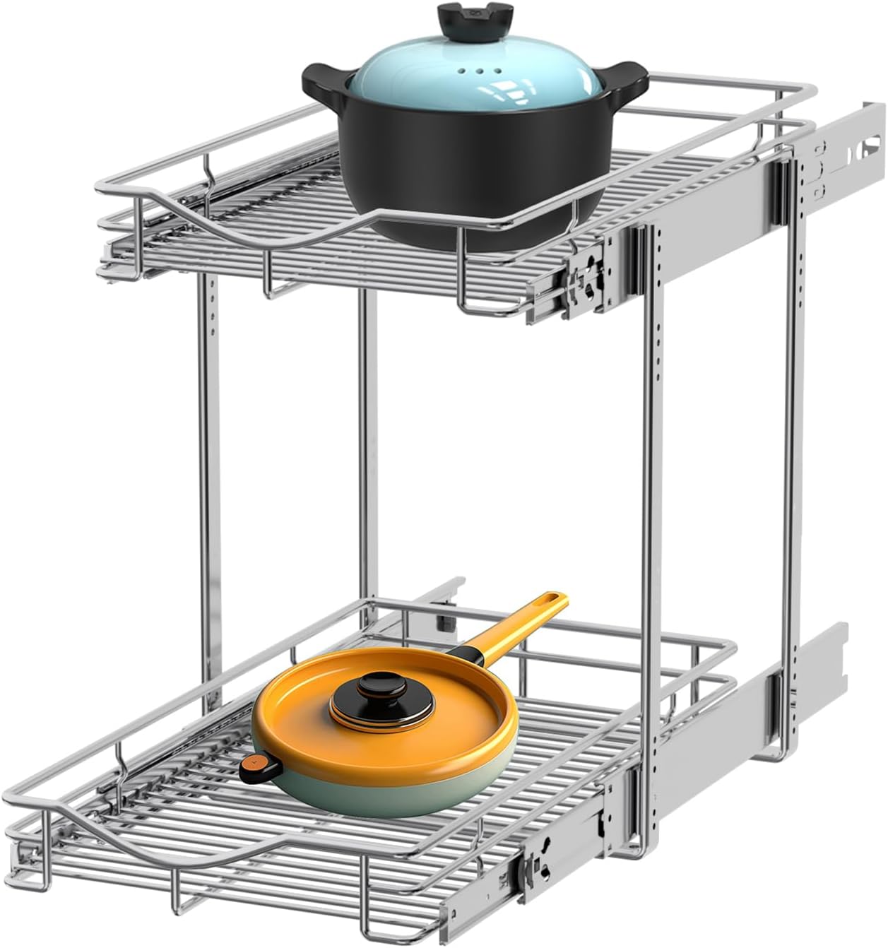 DINDON 2 Tier Pull Out Cabinet Organizer (11" W x 18" D) Heavy-Duty Metal Sliding Drawer Shelf, Two Tier Pull Out Shelves for Kitchen Cabinets, Pantry, Bathroom, Chrome Finish