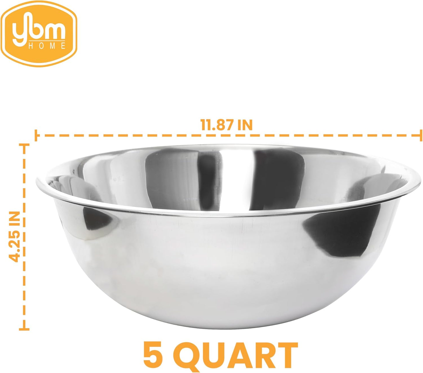 YBM HOME Pack of 1 Stainless Steel Mixing Bowl - Premium Polished Mirror Nesting Metal Bowl for Cooking and Serving, Stackable for Convenient Storage (5 Quart)