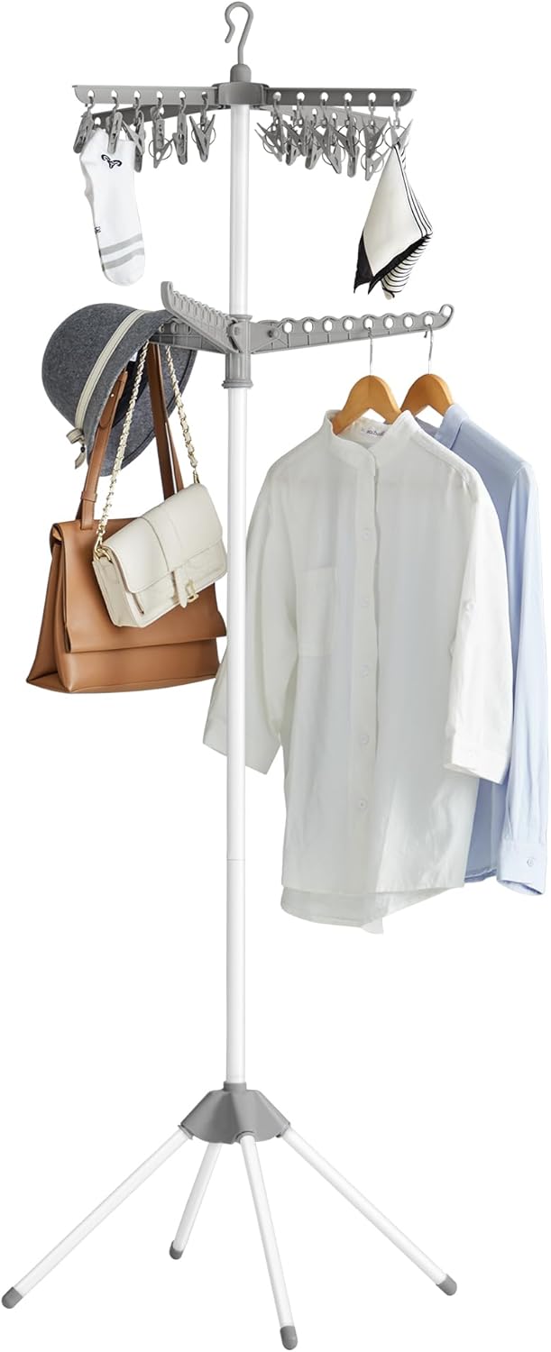 SONGMICS 2-Tier Clothes Drying Rack, 72-Inch Folding Laundry Drying Rack with 3 Rotatable Arms for Hangers, 24 Clips, Stainless Steel, for 27 Pieces of Clothes, Gray and White ULLR512G01