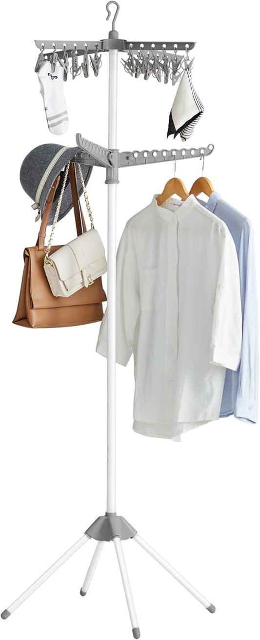 SONGMICS 2-Tier Clothes Drying Rack, 72-Inch Folding Laundry Drying Rack with 3 Rotatable Arms for Hangers, 24 Clips, Stainless Steel, for 27 Pieces of Clothes, Gray and White ULLR512G01