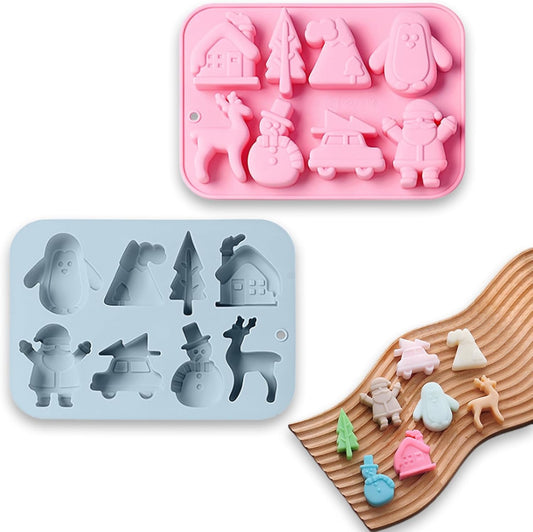 2 Pack Christmas Silicone Chocolate Molds, 3D Snowman Elk Xmas Tree Penguin Santa Claus Snowmobile Christmas Hat House Shape Candy Baking Molds for DIY Handmade Soap Mini Cakes Jello Fondant