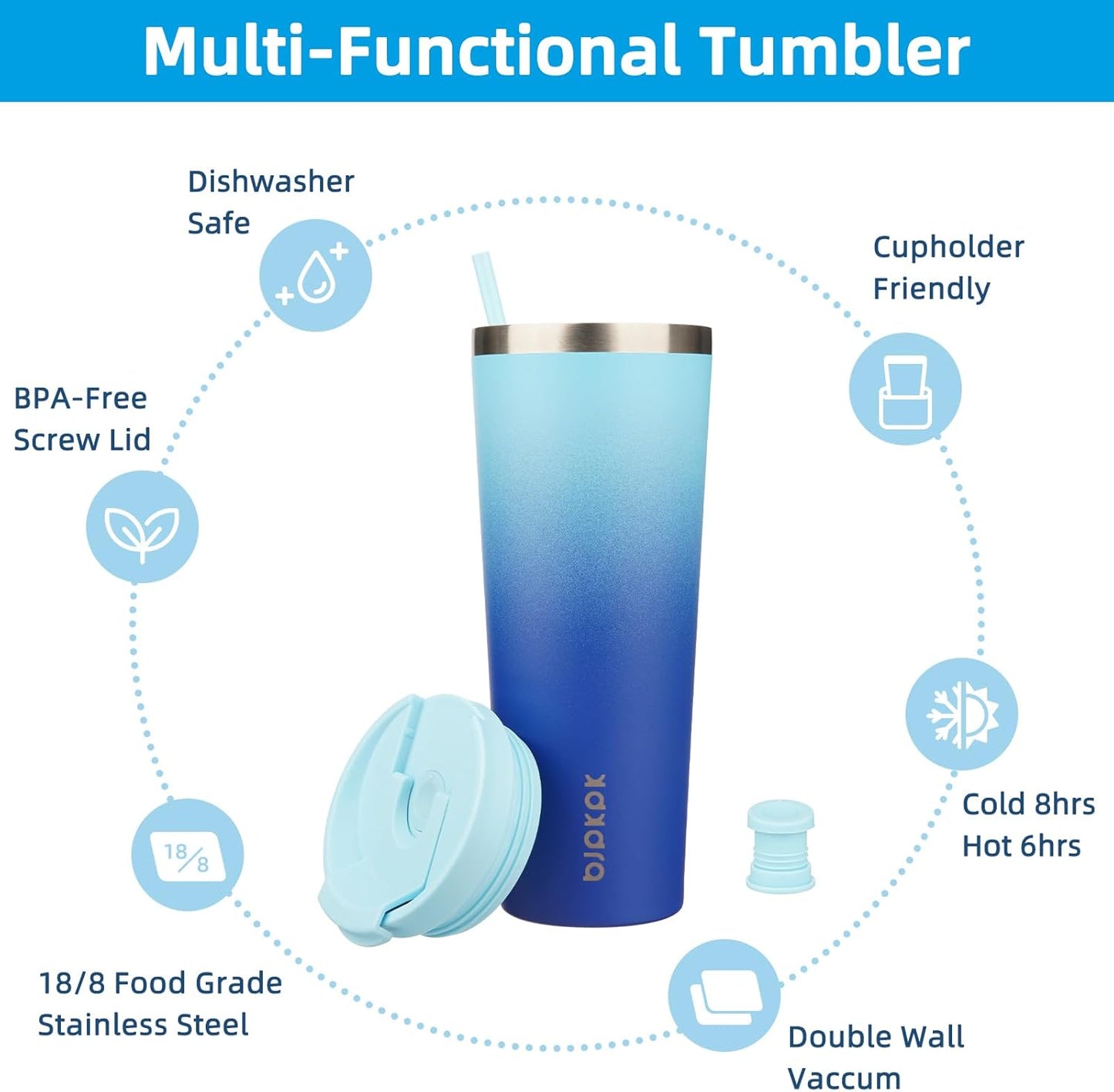 BJPKPK 26oz Insulated Tumbler With lid And Straw Stainless Steel Tumblers Travel Coffee Mug Reusable Thermal Cup,Sky