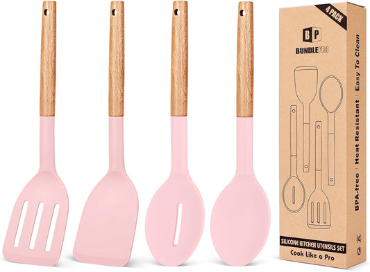 Pack of 4 Silicone Cooking Utensils Set, Non Stick Solid Spatulas and Heat Resistant Slotted Spoons with Wooden Handle, Ideal Wood Kitchen Utensils Set for Frying,Serving,Turning,Stirring (PINK)