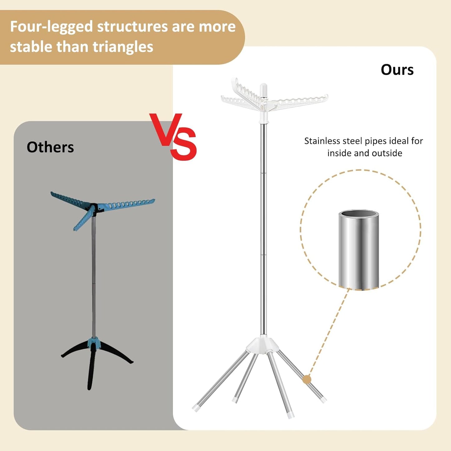 SUYU Clothes Drying Rack, Foldable Drying Rack Clothing, Laundry Drying Rack, 59-Inch Indoor Clothes Airer with 3 Rotatable Arms, Stainless Steel,4 Legs,White and Silver SNJ101