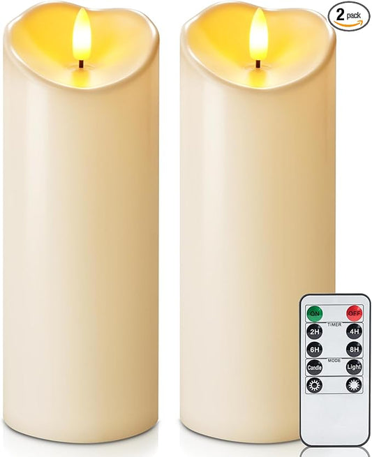 Homemory 3"x8" Outdoor Waterproof Flameless Candles, LED Candles, Battery Operated Candles with Remote and Timers, Electric Fake Plastic Pillar Candles, Dark Ivory, Set of 2