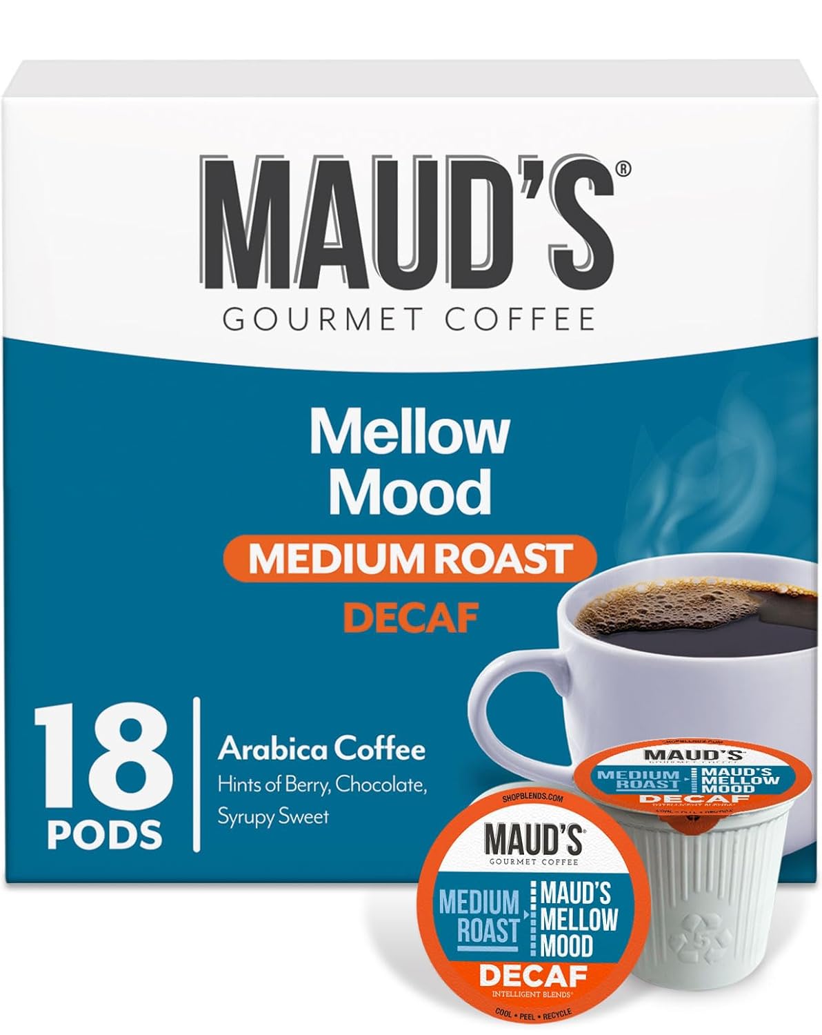 Maud's Decaf Medium Roast Coffee Pods, 18 ct, Decaffeinated Coffee in Recyclable Single Serve Pods – 100% Arabica Coffee, Compatible with Keurig K Cups Maker