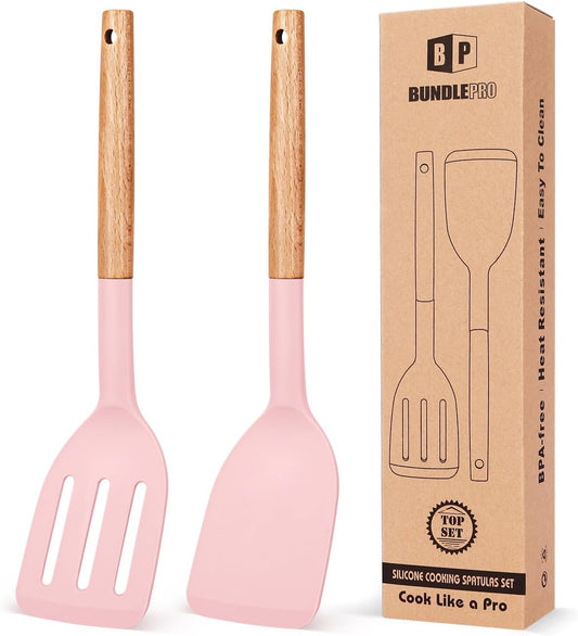 Pack of 2 Silicone Cooking Spatula, Heat Resistant Solid Turner, Non Stick Slotted Spatulas with Wooden Short Handle,Ideal Wood Kitchen Utensils Set for Frying, Baking, Flipping, Turning