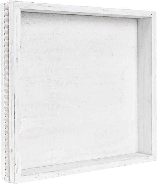 MAONAME Wood Serving Tray, Farmhouse Wooden Tray for Coffee Table, Rustic Square Trays with Beads, Vintage White Decorative Trays for Living Room, Kitchen, 12" X 12" X 1.6"