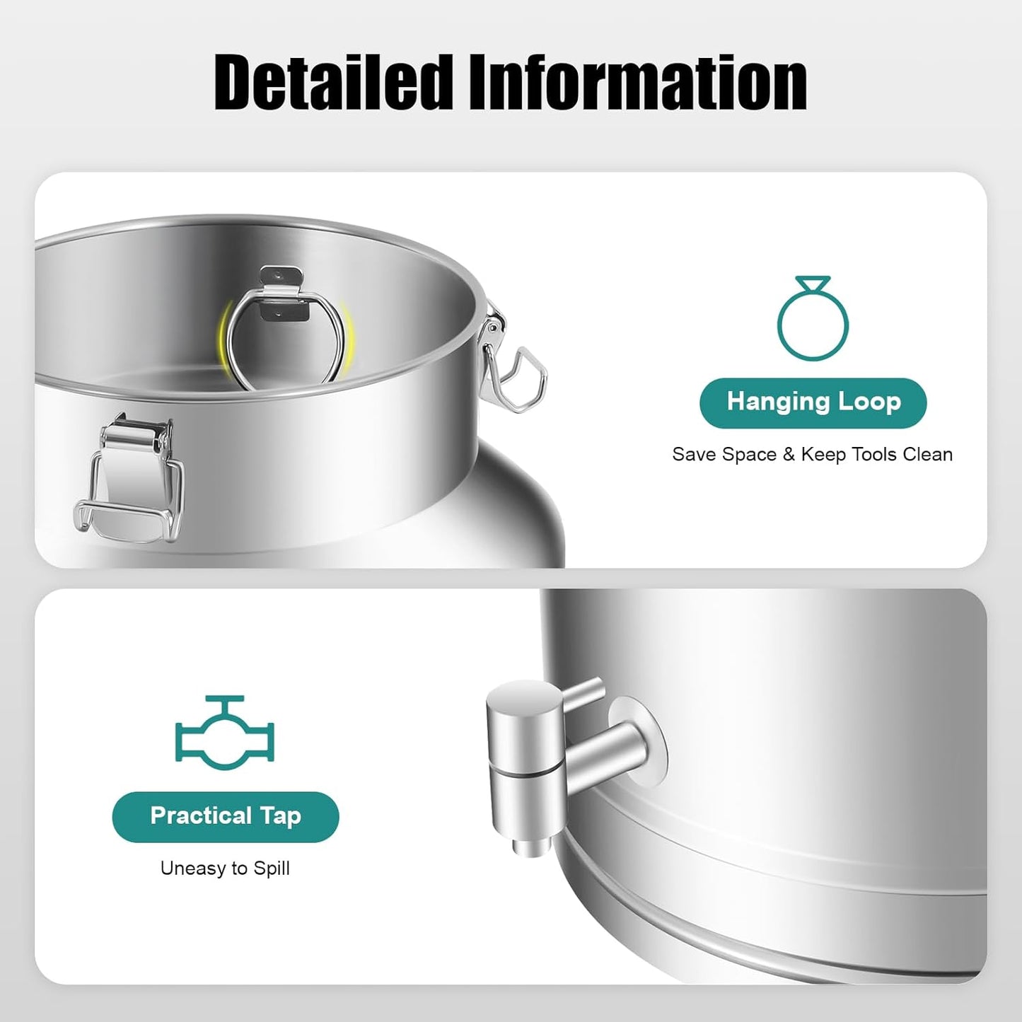 304 Stainless Steel Milk Bucket with Faucet,Milk Buckets with Lid Can Large Liquid Container Storage,Sealing Lid and Carry Handle, Airtight Design(35L/9.24 Gal,w/Faucet)