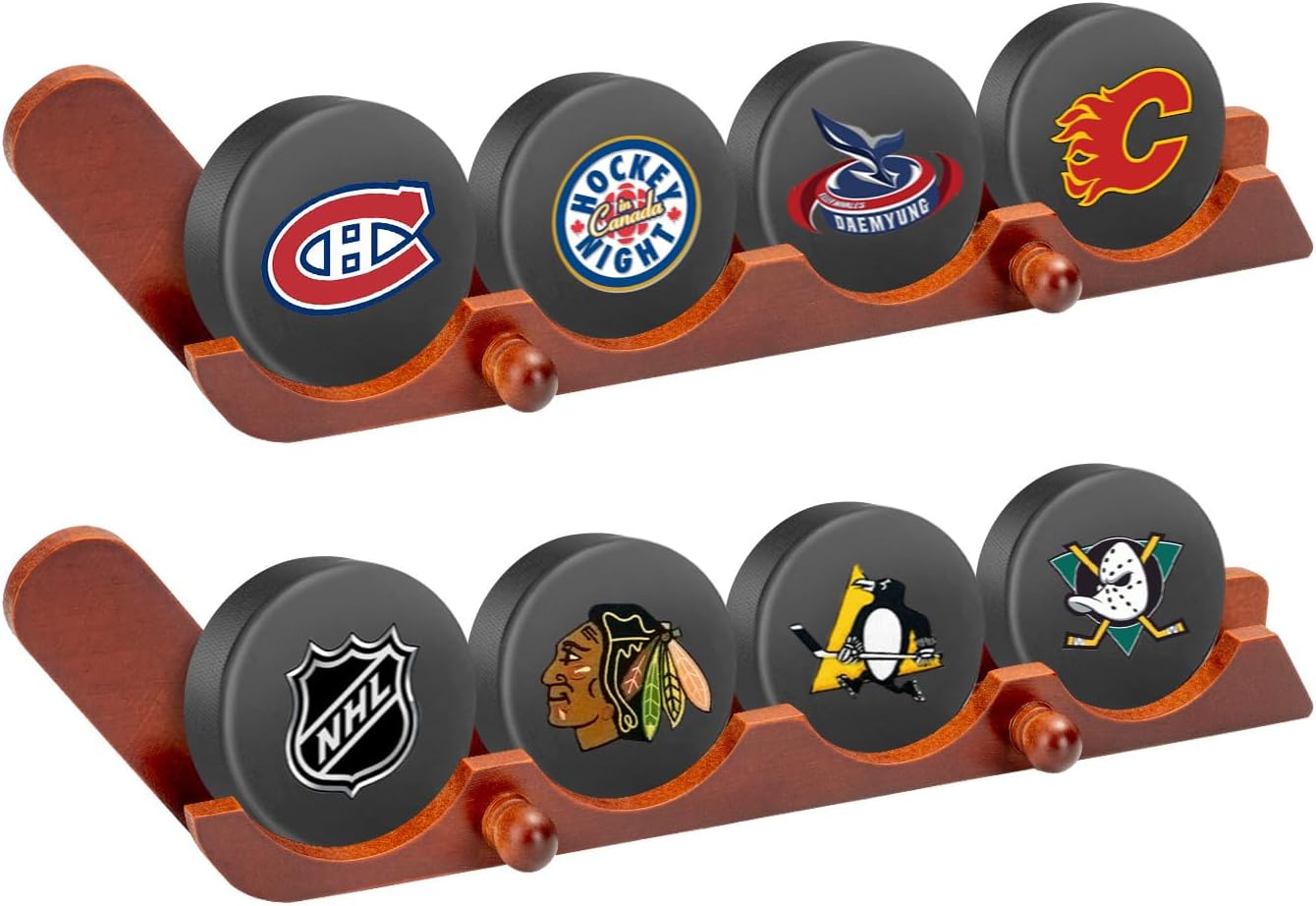 2 Pack Hockey Puck Display Case for Father's Day Gifts, Wooden Wall Mount Holder with Hooks - Hockey Puck Holder Living Room Stick Decor Accessory for Player Team Gift - Brown