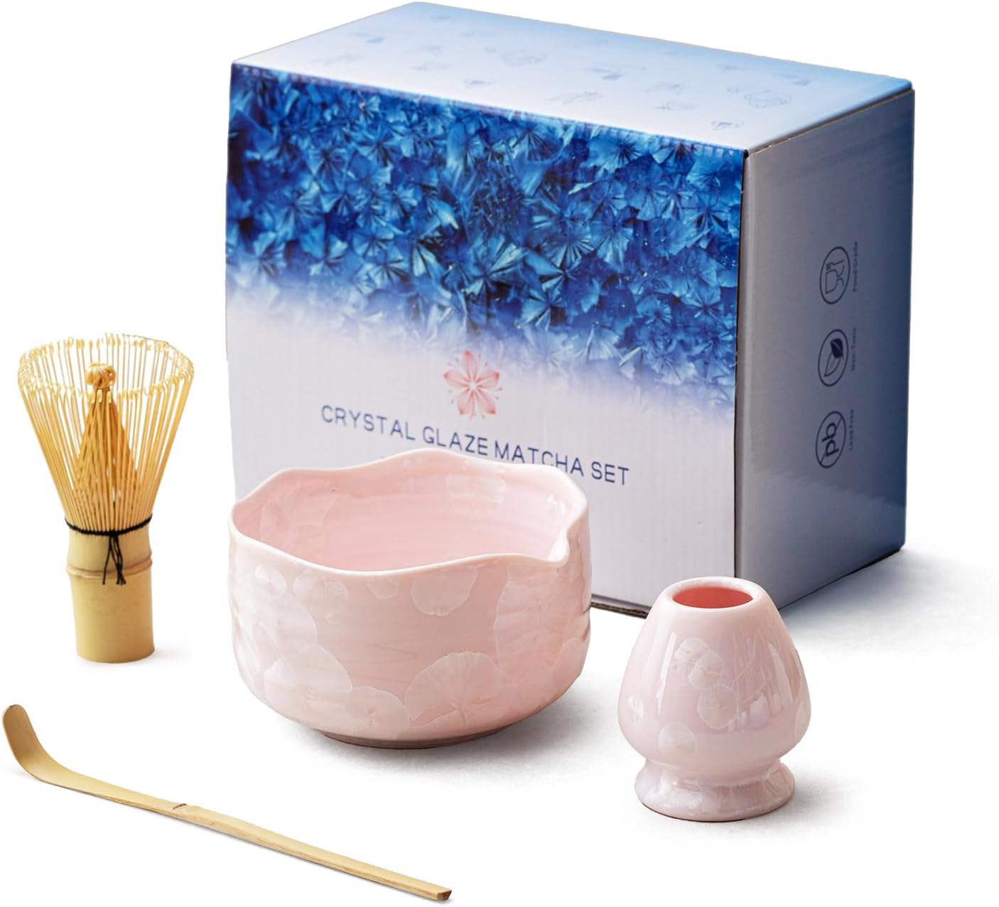 Natural Crystal Flower Matcha Set - 4 Pcs Food Grade Matcha Kit with Spouted Bowl, Matcha Whisk, Scoop and Chasen Holder - Matcha Tea Ceremony Gift for Matcha Lovers (Sakura Whisper)