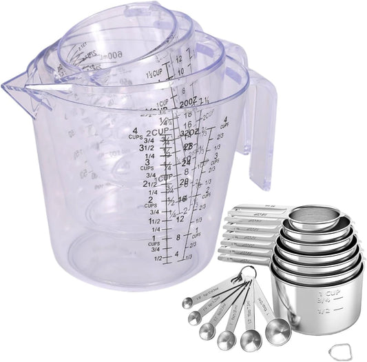 7x Stainless Steel Measuring Cups with 6x Measure Spoons Set,4x Plastic Measurings Cups for Liquids,Kitchen Gadgets for Cooking & Baking Utensils(17Pcs)