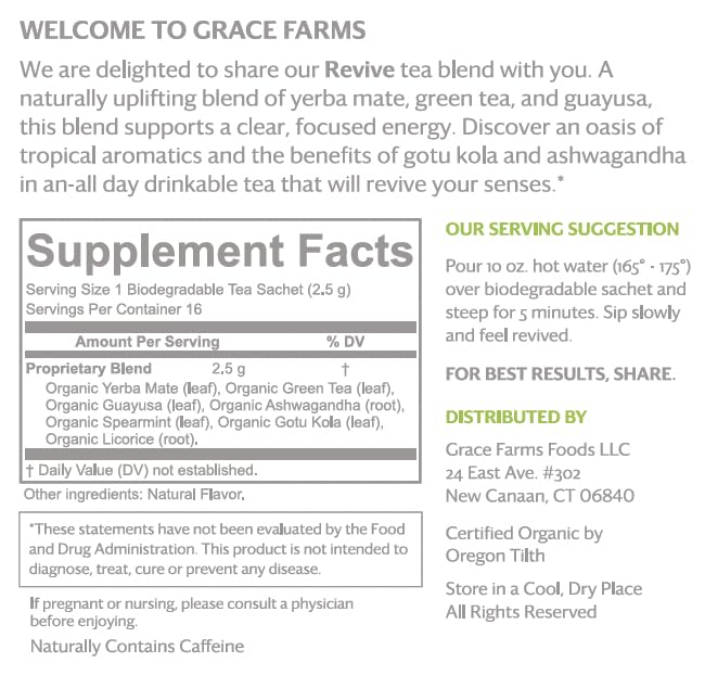 Grace Farms REVIVE Wellness Organic Tea Blend (16 Pyramid Sachets) | Yerba Mate, Green Tea, & Adaptogens | Natural Energy Coffee Replacement | Fairtrade & Kosher | Gives Back 100% of Profits