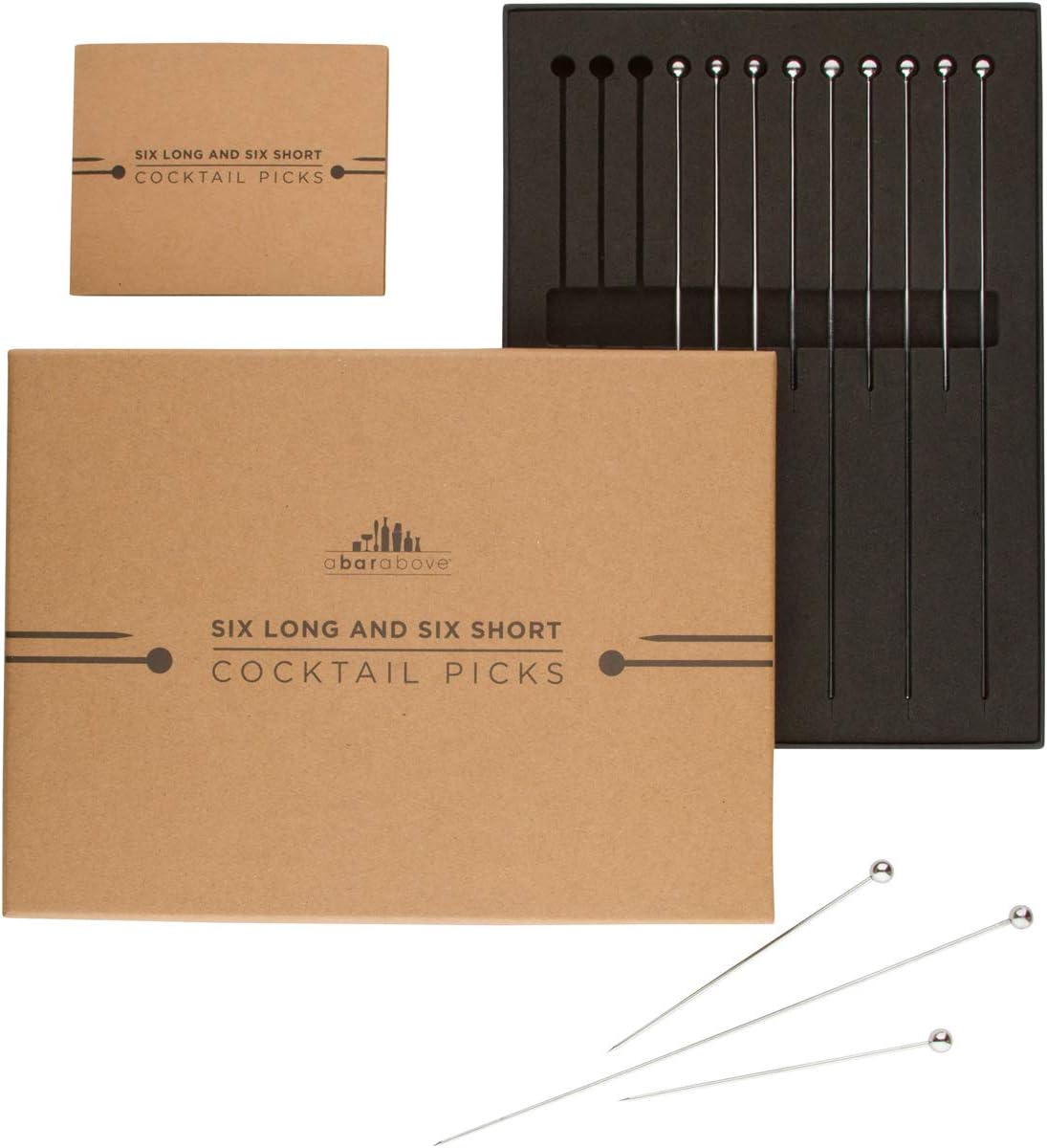 A Bar Above Stainless Steel Cocktail Picks, 12 Durable 8-Inch Garnish Skewers for Bloody Marys, Shrimp Cocktail, and Appetizers, Reusable Drink Stir Sticks for Bars, Events, and Parties