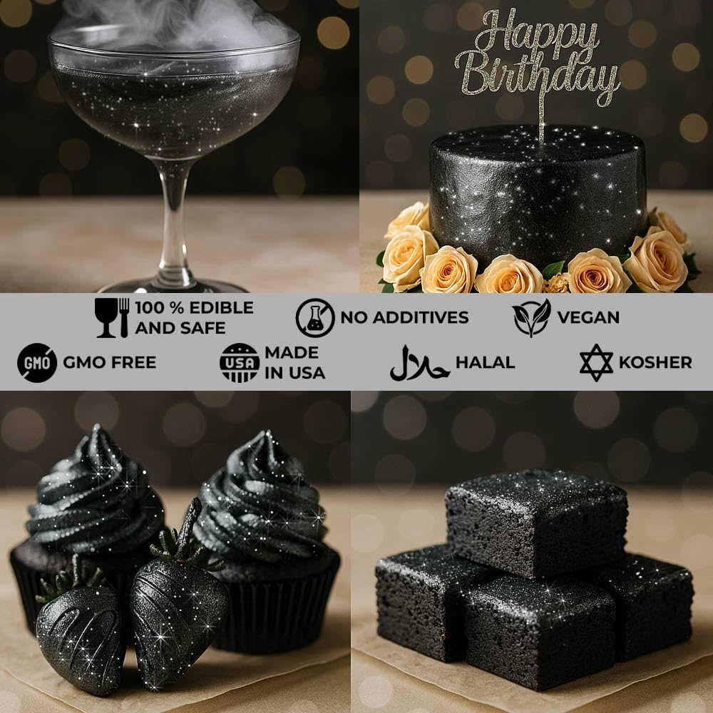 Bulk 20g Black Edible Glitter for Drinks | Premium Edible Glitter for Cakes, Cocktails, Black Cake Decorating Decorations Food Grade, Vegan, Kosher, Halal, Gluten Free - Made in USA