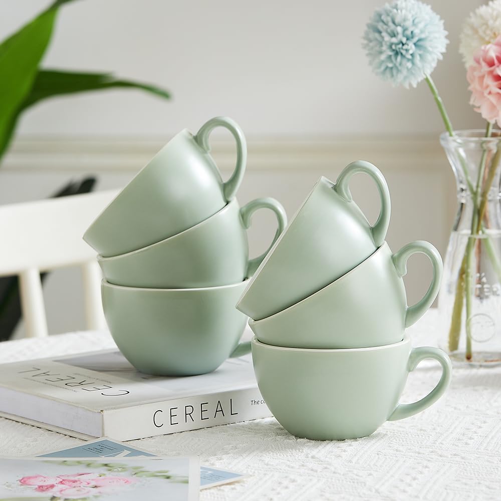 Set of 6 Matte Green 10 oz Professional Barista Ceramic Latte Art Cappuccino Cups Set (Matte Green * 6)