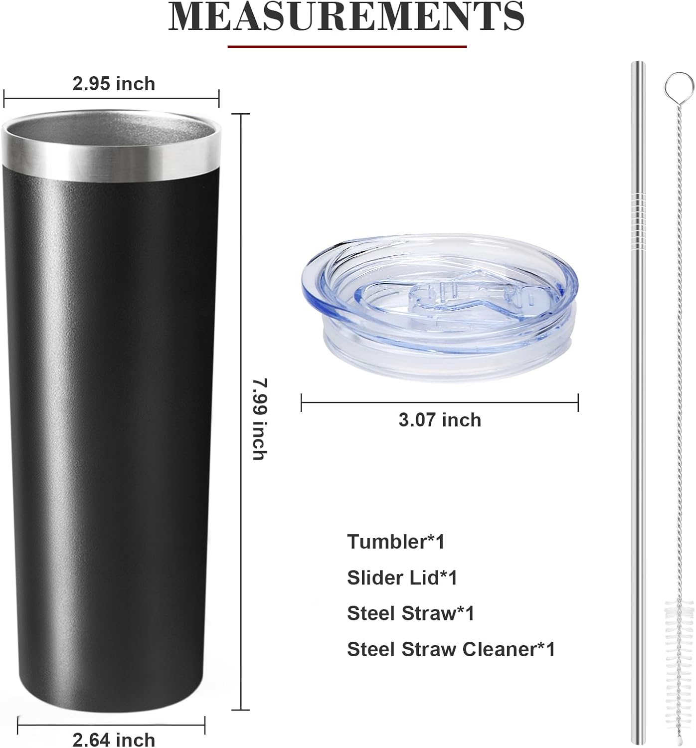 20 oz Skinny Tumbler with Lid and Straw,Stainless Steel Vacuum Insulated Tumbler Cup Double Wall Leak-proof Coffee Mug,Travel Thermal Water Tumbler for Home,Office,Outdoor(Black,1)