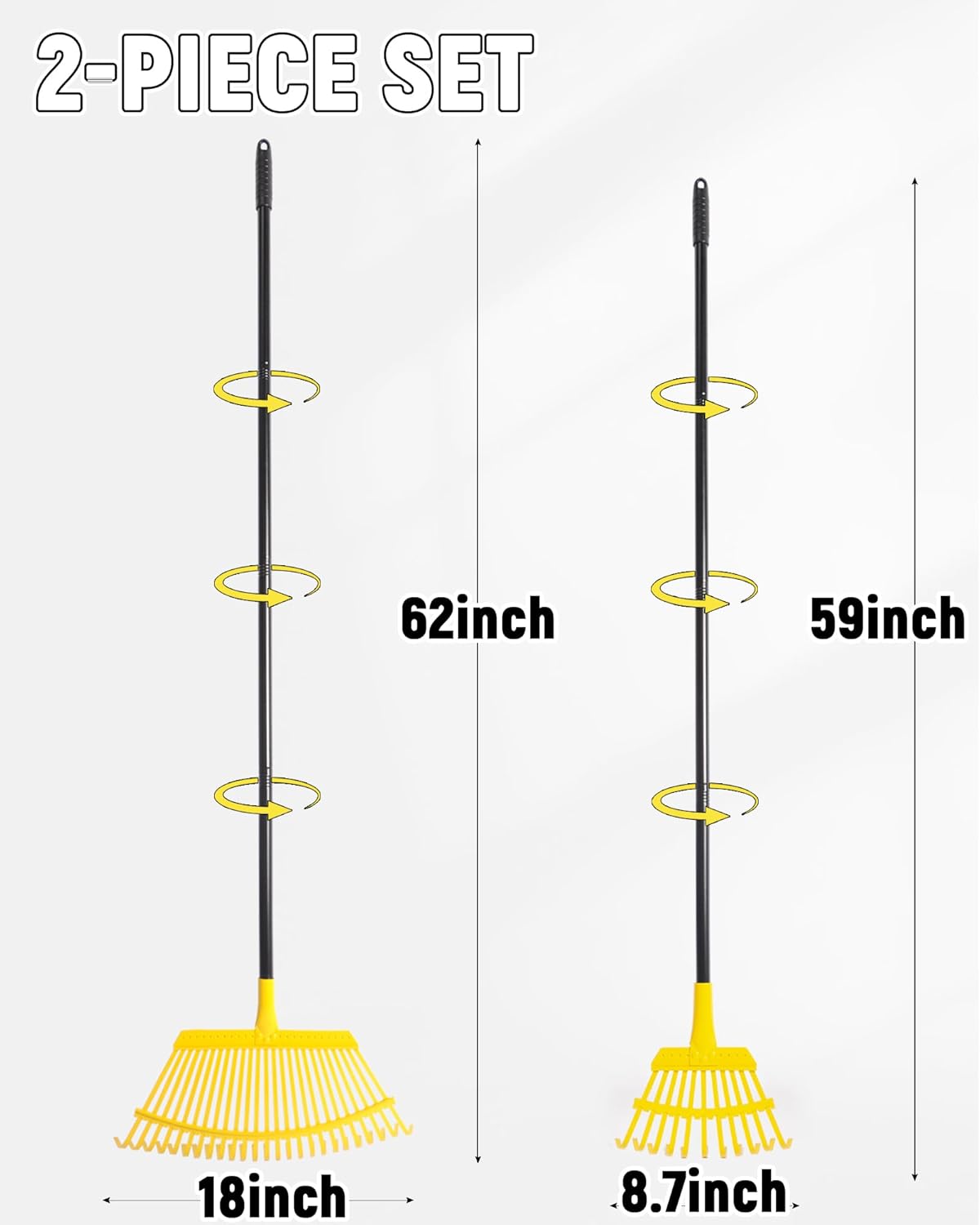 Garden Leaf Rake 2 Pack, 11+25 Tines Metal Leaf Rake with Adjustable Handle, Heavy Duty Lawn Yard Rakes Set for Leaves, Grass, Shrubs, Debris, Pine Needles, Garden Cleanup Tools for Backyard