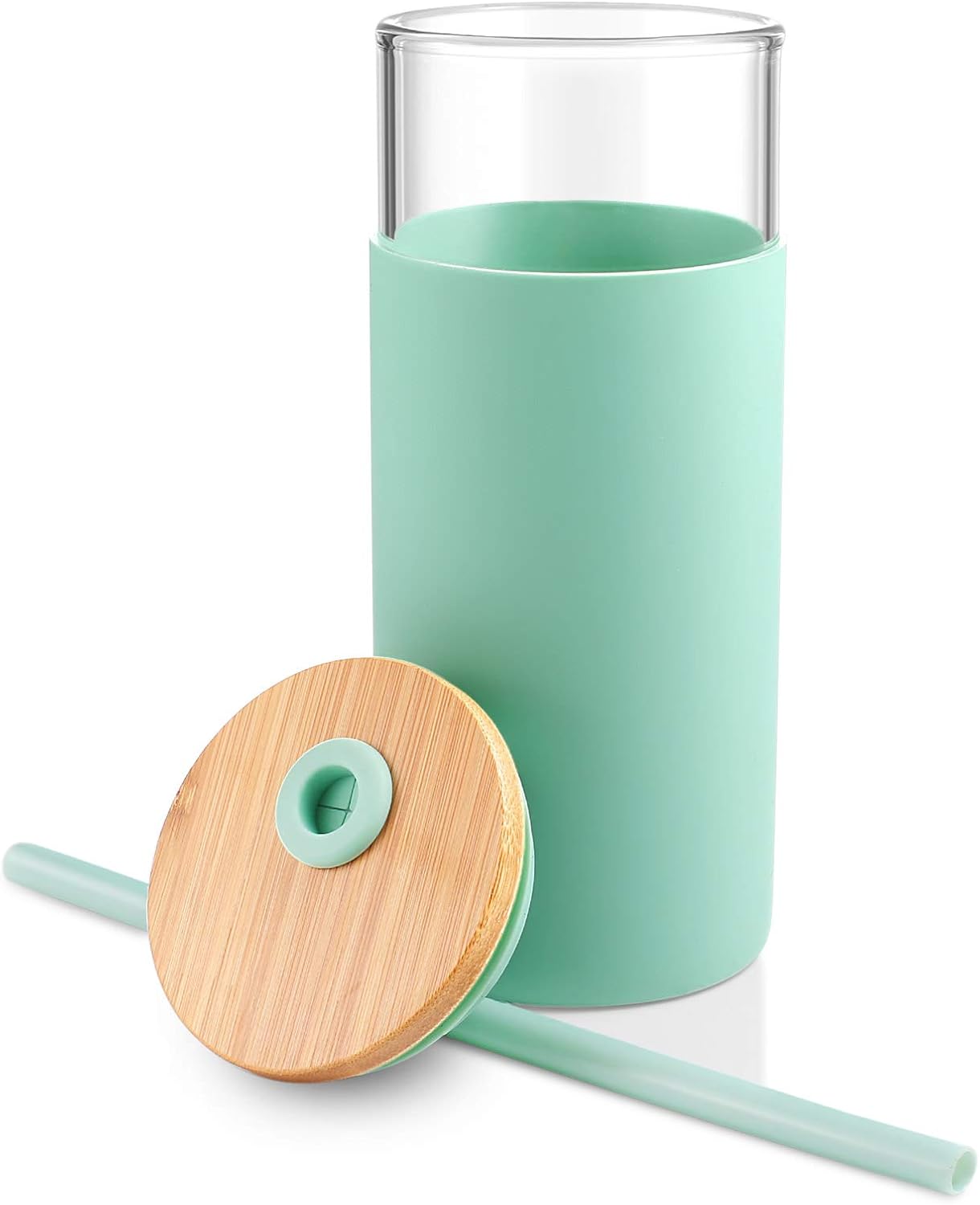 Tronco 20oz Glass Tumbler Glass Water Bottle Straw Silicone Protective Sleeve Bamboo Lid - BPA Free (Midnight Green/ 1 Pack)