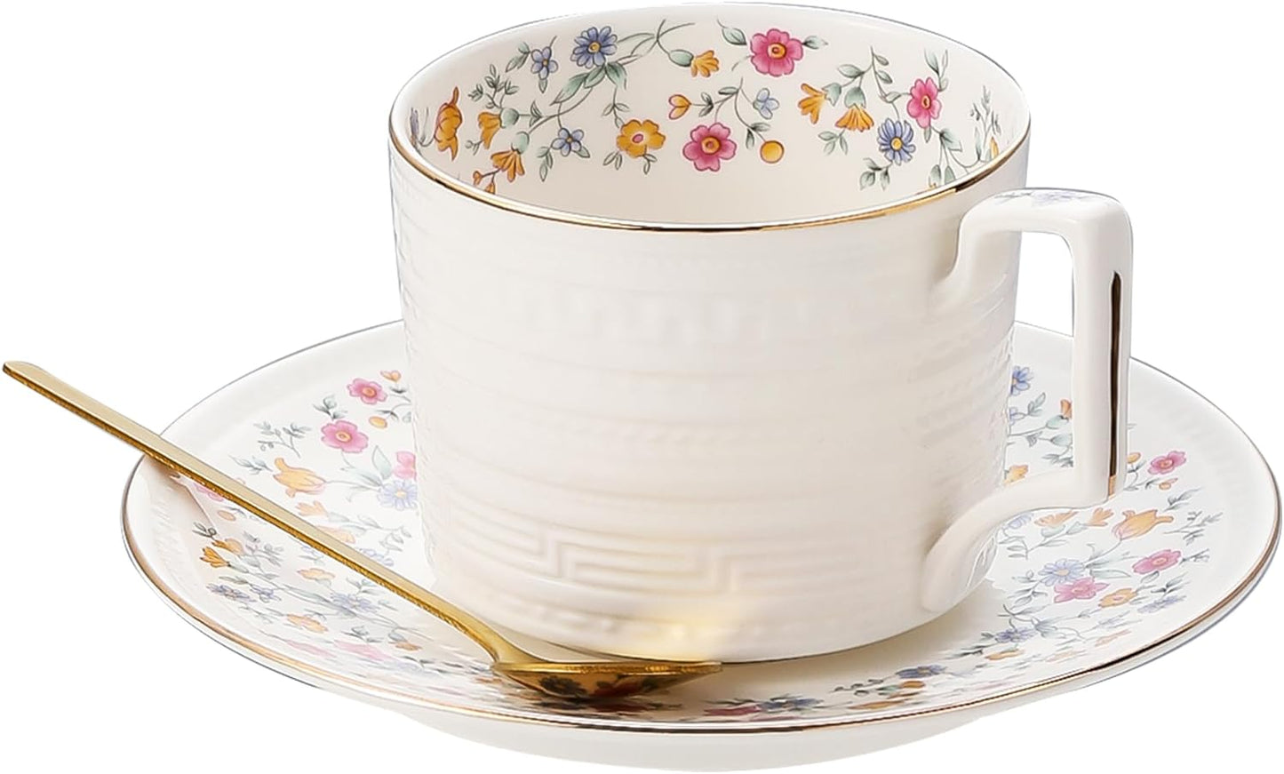 Tea Cups and Saucer Sets,8.8 oz Cappuccino Cups with Saucers and Spoons,3 Pieces, Vintage Style,Embossed Bone China Coffee Cup & Saucer Set For Women Wedding/Birthday/Christmas Gift