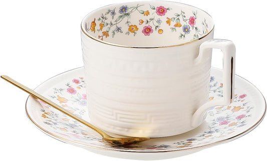 Tea Cups and Saucer Sets,8.8 oz Cappuccino Cups with Saucers and Spoons,3 Pieces, Vintage Style,Embossed Bone China Coffee Cup & Saucer Set For Women Wedding/Birthday/Christmas Gift