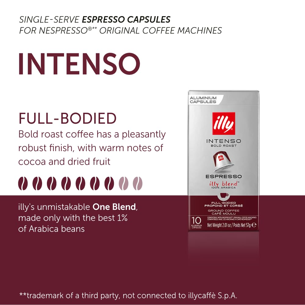 Illy Espresso Compatible Capsules - Single-Serve Coffee Capsules & Pods - Intenso Dark Roast - Notes Of Cocoa & Dried Fruit Coffee Pods - For Nespresso Coffee Machines – 10 Count