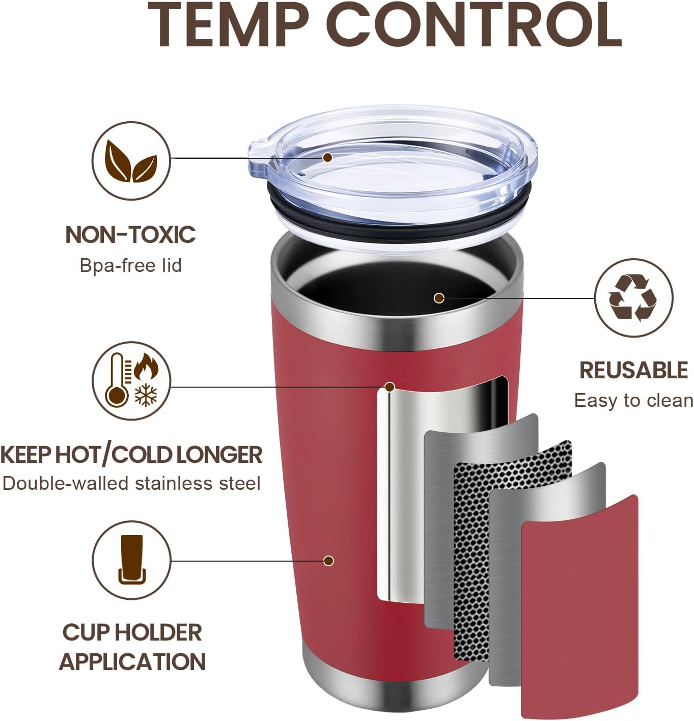 MEWAY 20oz Tumbler Double Wall Vacuum Insulated Travel Mug, Stainless Steel Tumblers with Lid and Straw, Powder Coated Coffee Cups for Cold & Hot Drinks (Red, Set of 1)