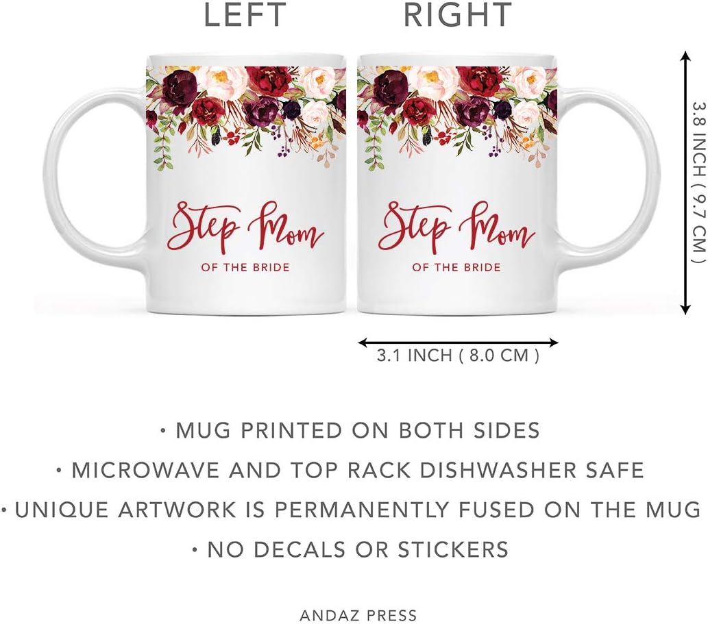Andaz Press 11oz. Wedding Ceramic Coffee Tea Mug Gift, Fall Autumn Marsala Burgundy Flowers Roses Florals, Step Mom of the Bride, 1-Pack, Includes Gift Box
