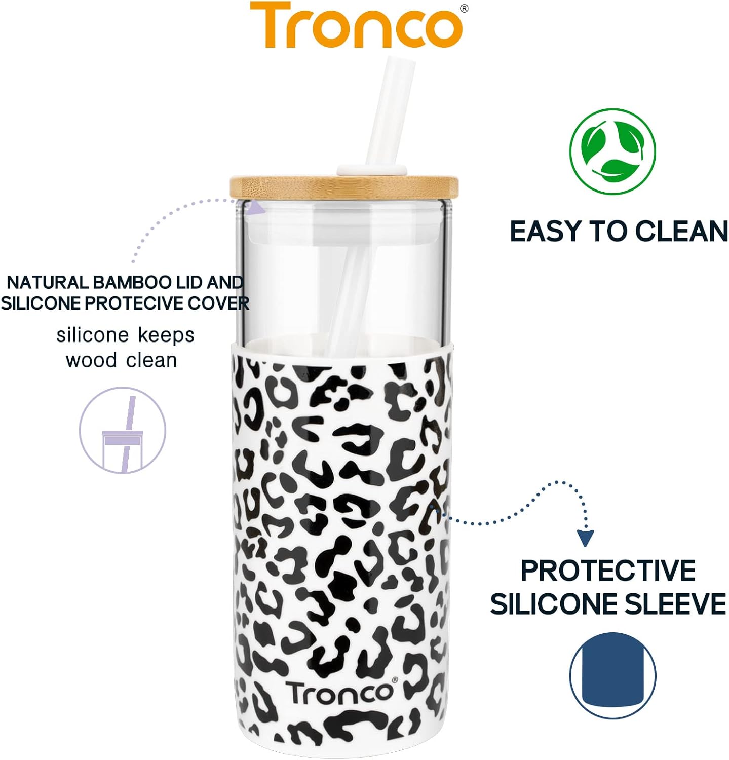 Tronco 20 oz Glass Tumbler with Straw and Lid- Glass Cup with Lid and Straw, Iced Coffee Cup Reusable, Smoothie Cups, Bamboo Lid and Protective Silicone Sleeve - BPA-Free