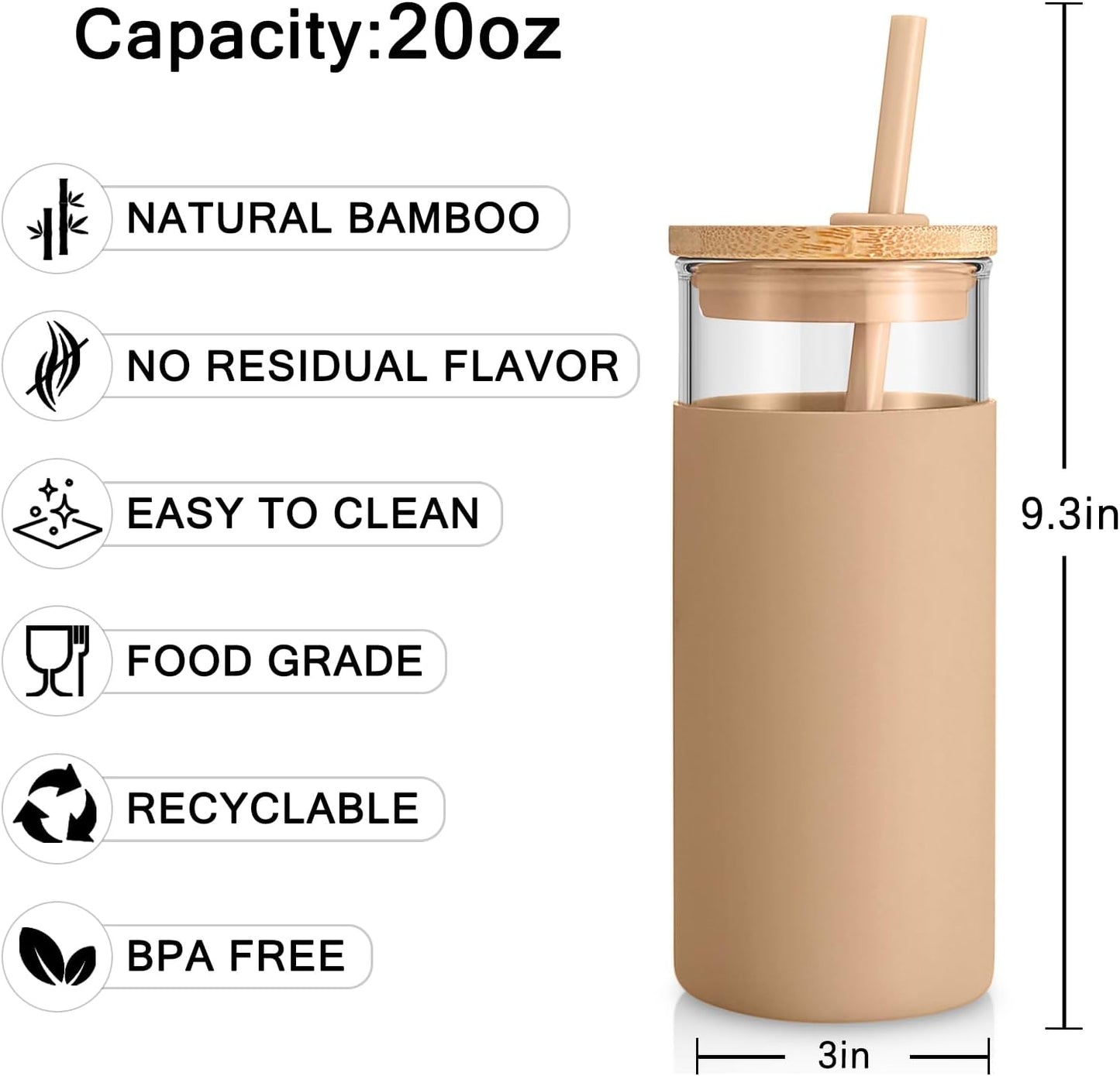 Tronco 20 oz Glass Tumbler With Lids and Straws, Glass Water Bottle Silicone Protective Sleeve, Iced Coffee Cup With Bamboo Lid, Reusable Smoothie Cup, BPA Free (White 2 Count)