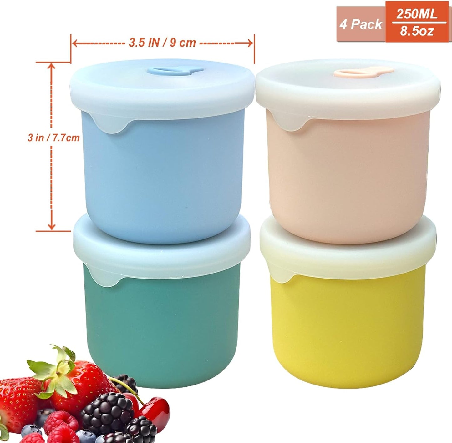 8.5 OZ Silicone Food Storage Containers, Baby Food Storage Jars with Airtight Lids and Snack Cup Lid, Freezer, Microwave and Dishwasher Safe, Reusable Snack Containers for Kids, Infant, Toddler, 4 Pcs
