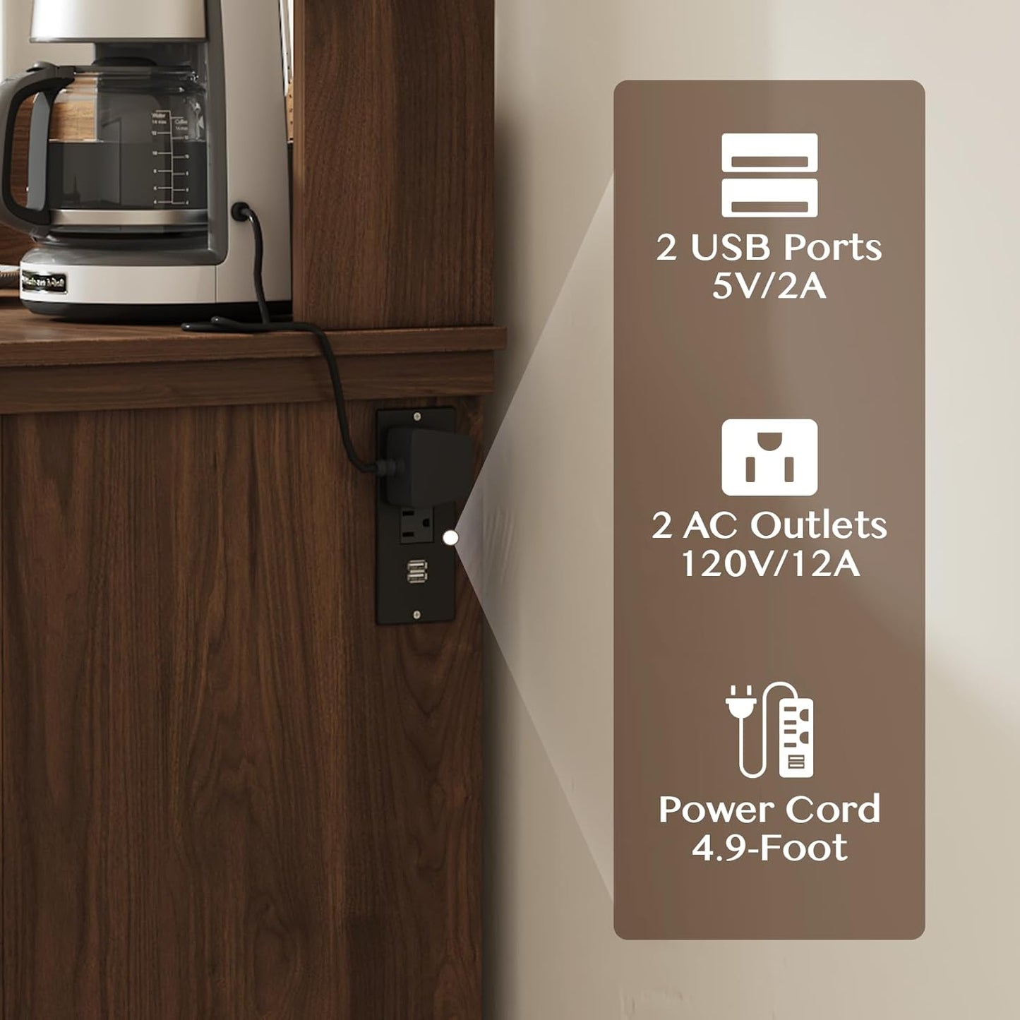 Farmhouse Coffee Bar Cabinet with Storage,31.5" Kitchen Cabinet with Hooks and Charging Station,Coffee Station with Adjustable Shelf and Hutch,Sideboard for Living Dining Room