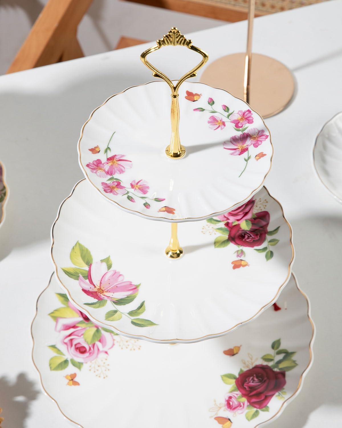 Sweejar 3 Tier Ceramic Cake Stand Wedding, Dessert Cupcake Stand for Tea Party Serving Platter (Fresh Flower)